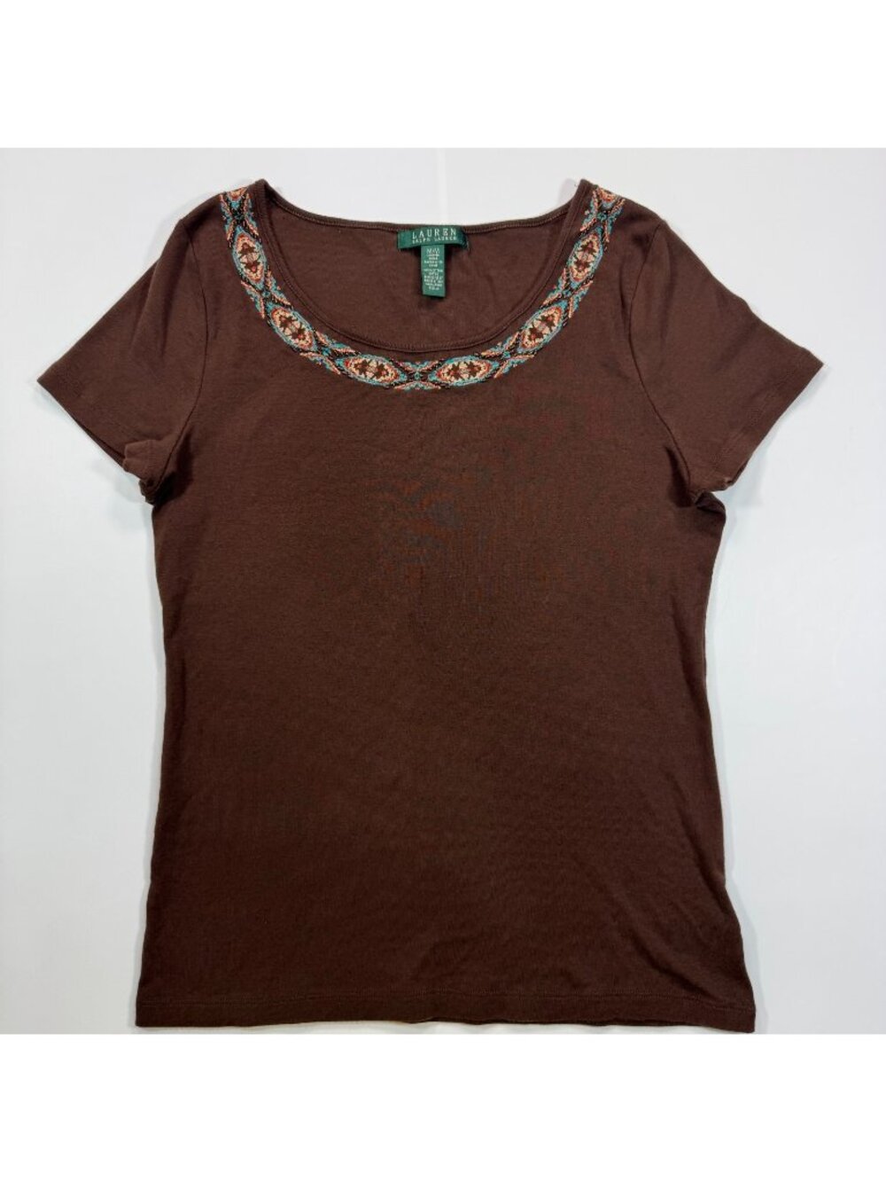 Lauren Ralph Lauren T-Shirt Women's M Brown Cotton Embroidered Beaded Summer
